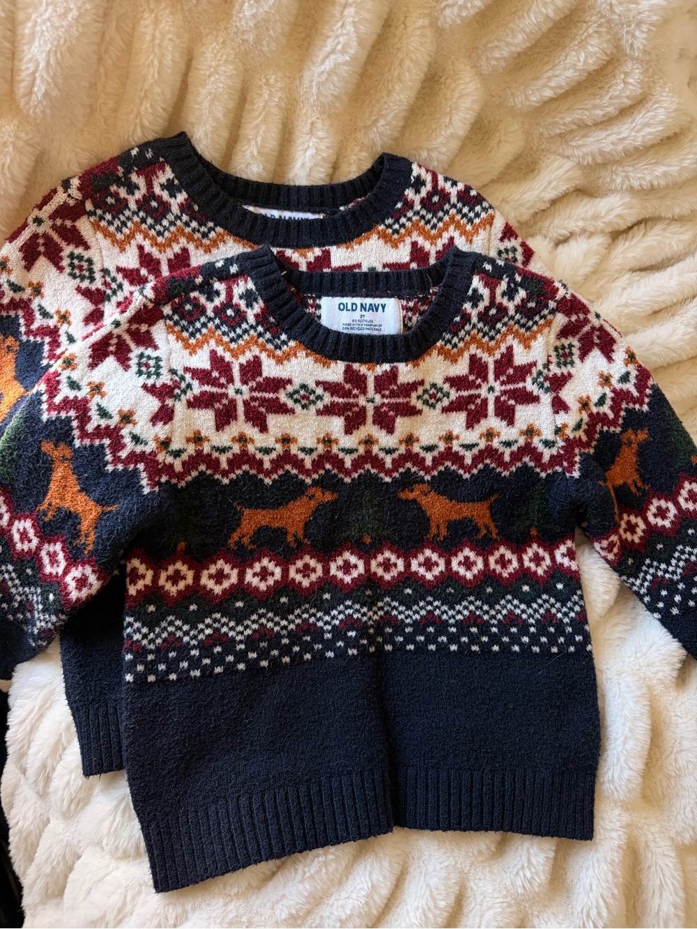 Old Navy Navy Fair Isle Reindeer Crewneck Sweater with Rust and Cream Accents